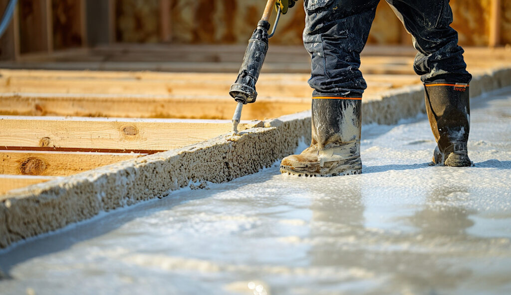 Construction worker in boots leveling wet concrete foundation at a building site.