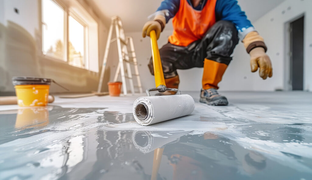 Construction worker using a roller to level a freshly poured concrete floor