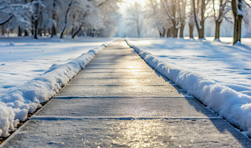 Snow-covered concrete path in winter, snow, concrete, path, winter, cold, white, frost, icy, frozen, tranquil, season, snowy in Denver, CO.