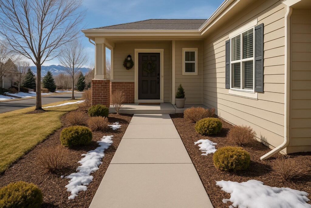 A clean, level concrete walkway leading to a home's front entry, with subtle holiday decorations and clear pathways, ideal for guest safety.