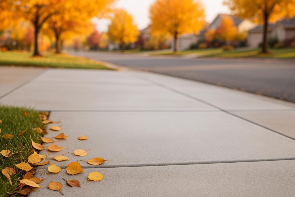 Clean, well-maintained exterior concrete driveway and walkway in Denver during autumn, surrounded by golden leaves and suburban homes, illustrating ideal fall maintenance conditions.