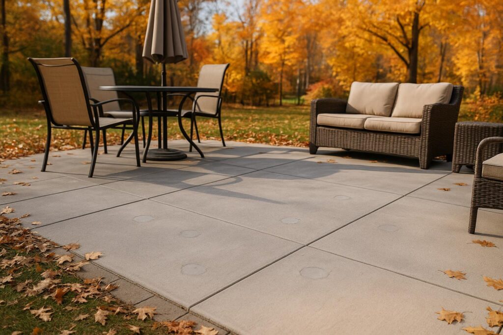 Freshly leveled concrete patio in a Denver backyard during autumn, with scattered fall leaves and patio furniture on an even surface, shot professionally without people.