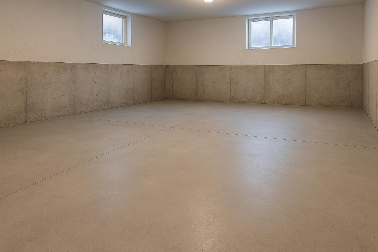 Stock photo of a clean, level concrete basement floor with even surfaces and solid foundation, suggesting winter protection and recent mudjacking, no people present.