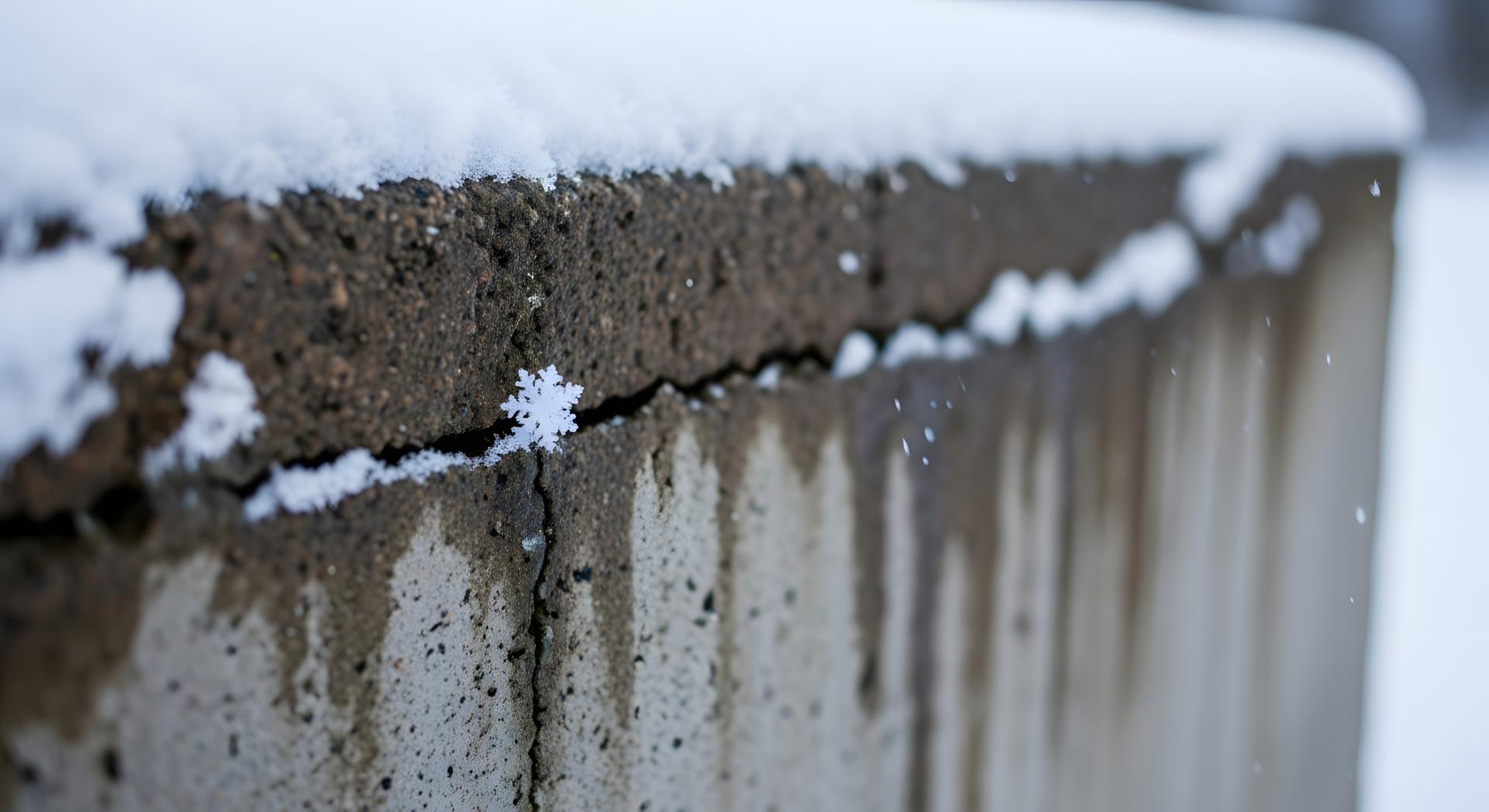 Close-up of a delicate snowflake resting on a cracked, wet concrete surface with melting snow