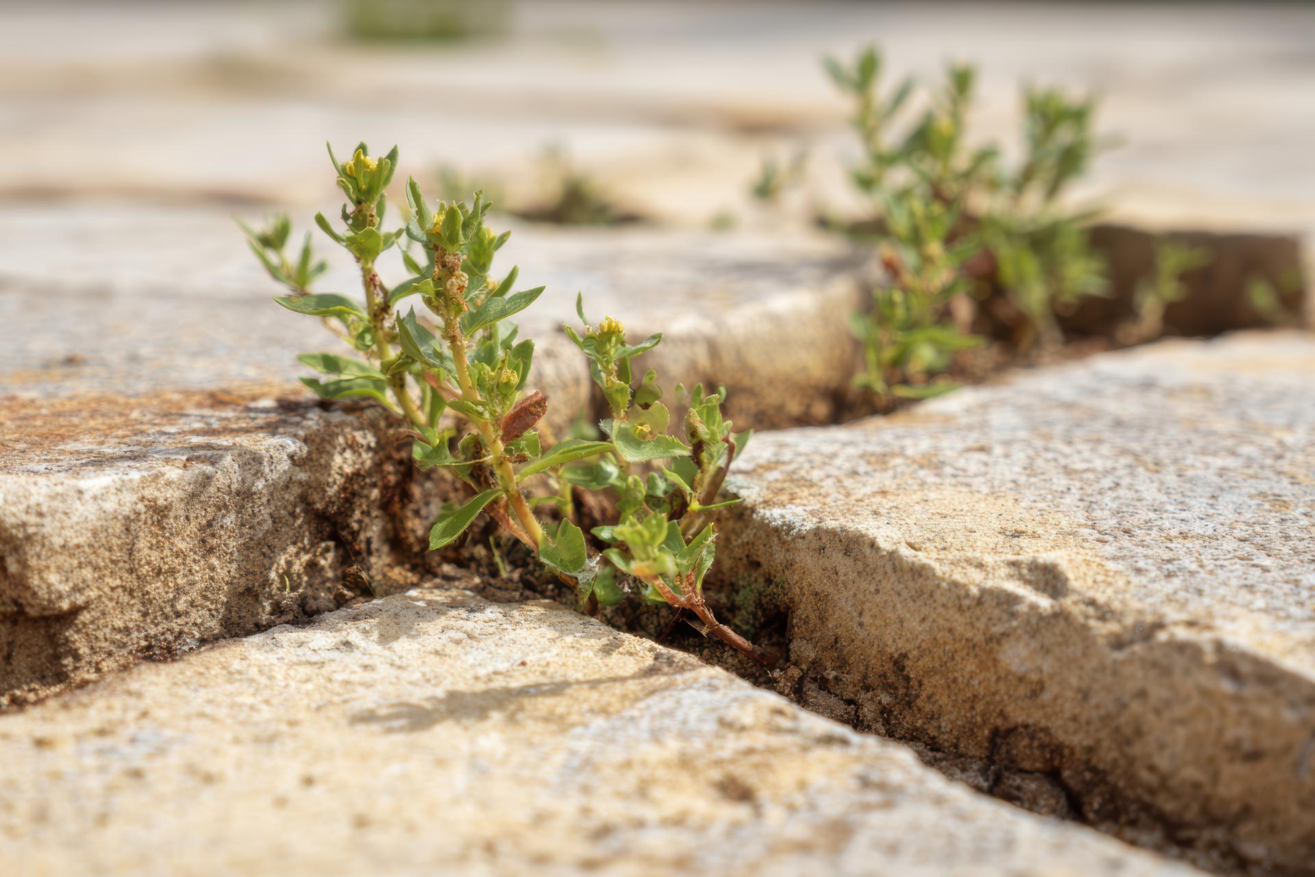Green plants growing through cracks in stone pavement