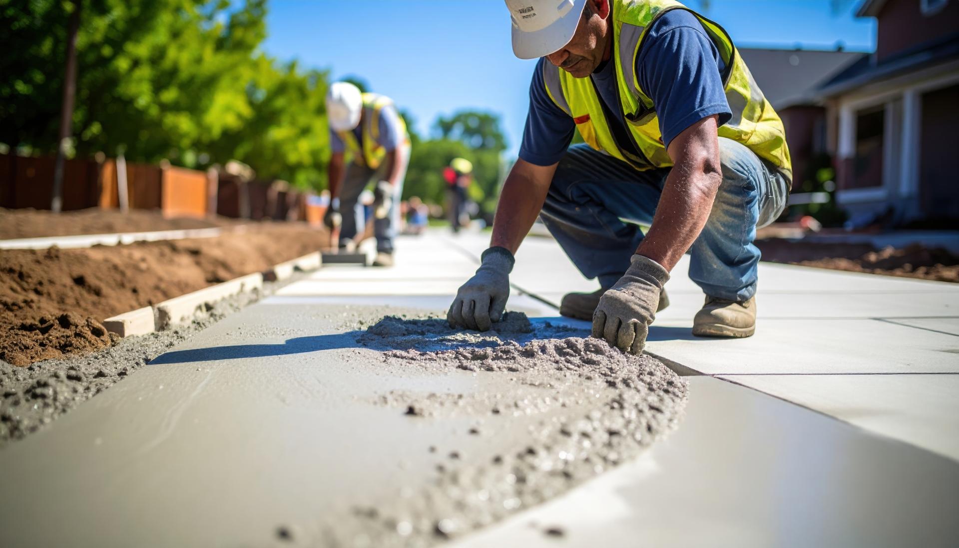 Workers are pouring and smoothing concrete on sidewalk, showcasing teamwork and craftsmanship in construction. scene is vibrant with greenery and residential buildings in background