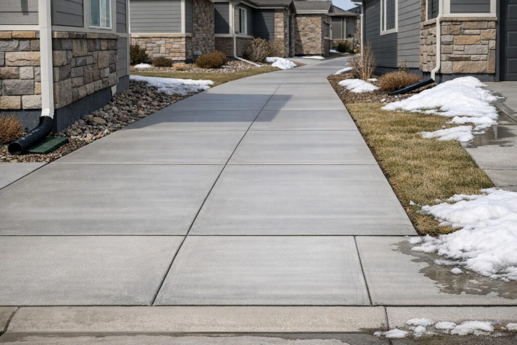 Smooth, freshly-leveled concrete driveway and sidewalk at a Denver home in late winter, showing no cracks or trip hazards, with minor signs of snowmelt and clear curb appeal.