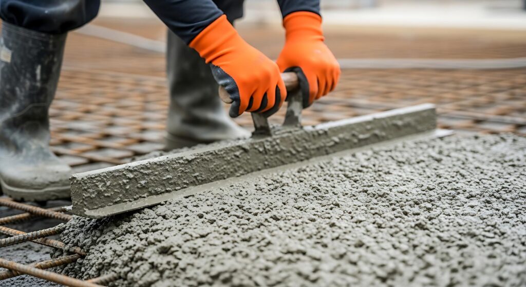 Construction worker smoothing fresh concrete with a trowel during foundation pouring