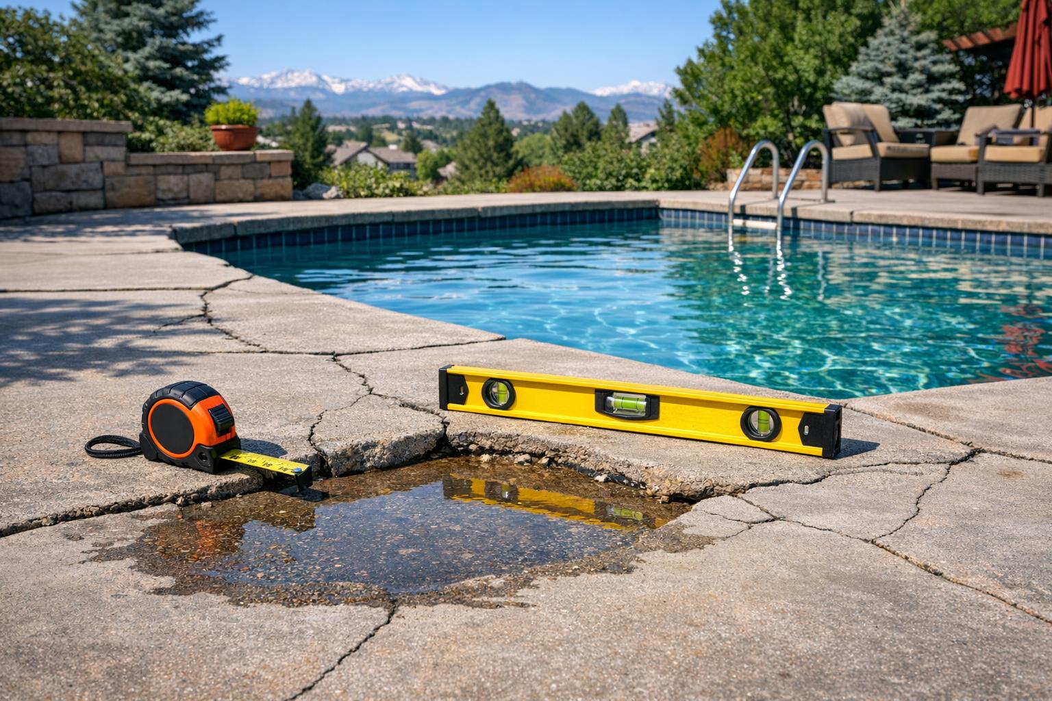 A Denver backyard pool deck with visible uneven concrete edges and water pooling, illustrating the need for deck leveling and repair.