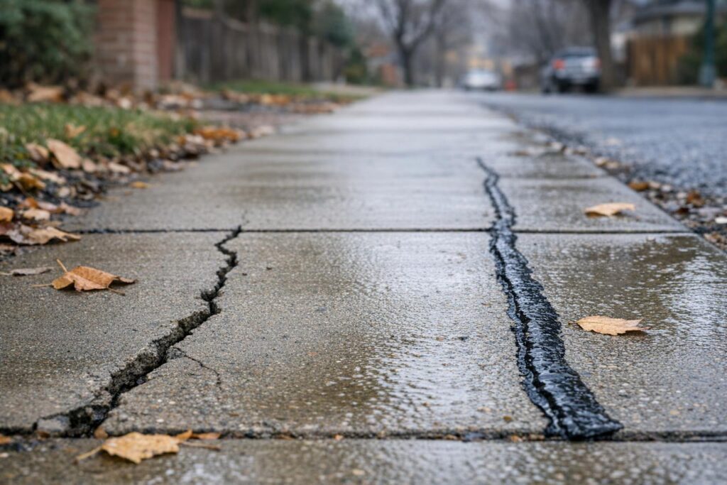 Close-up stock photo of a cracked concrete sidewalk with sealed and unsealed sections, taken in a Denver residential neighborhood, illustrating sidewalk crack repairs.