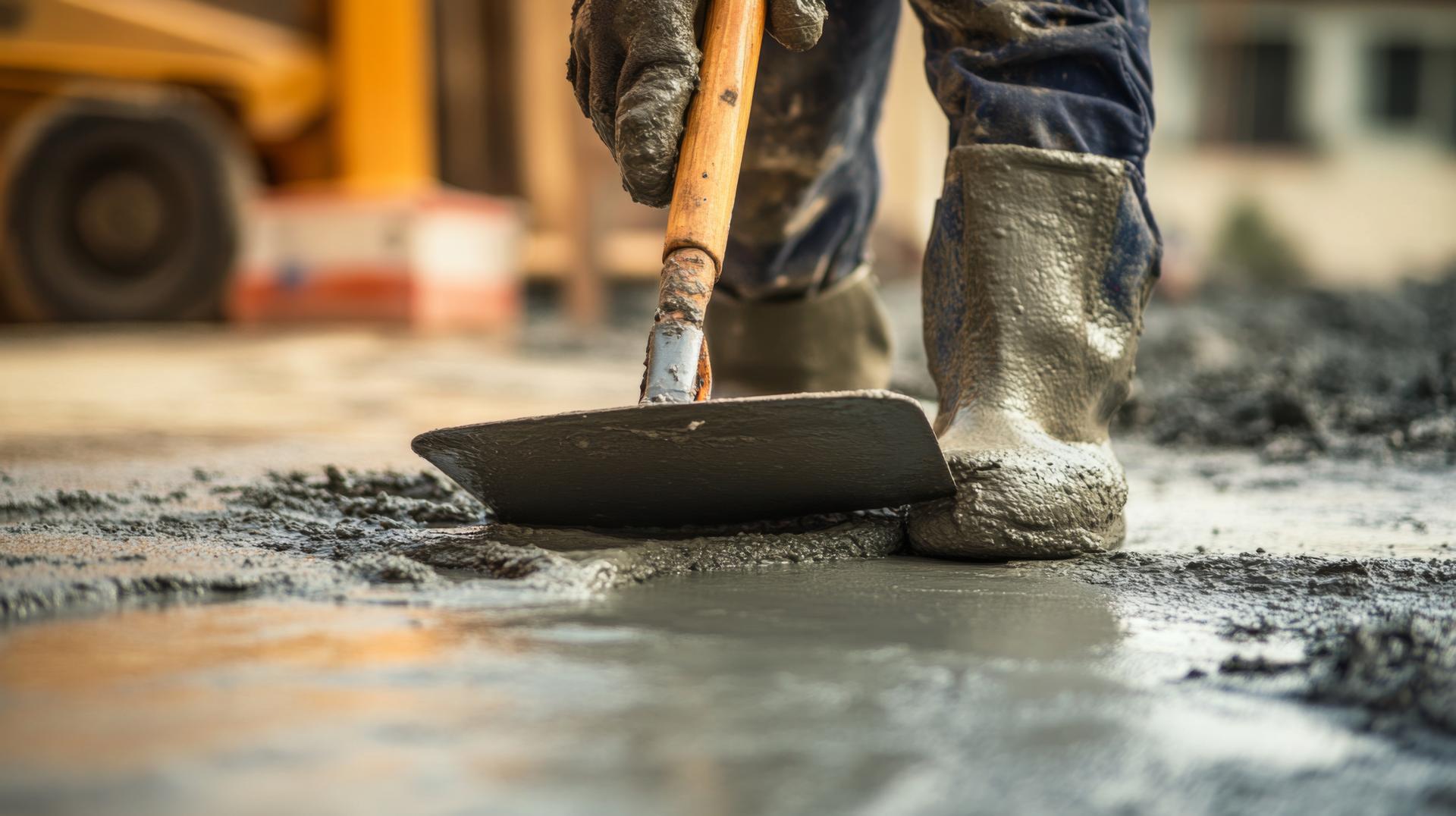 Close-up of a construction worker's muddy foot and a trowel smoothing wet cement