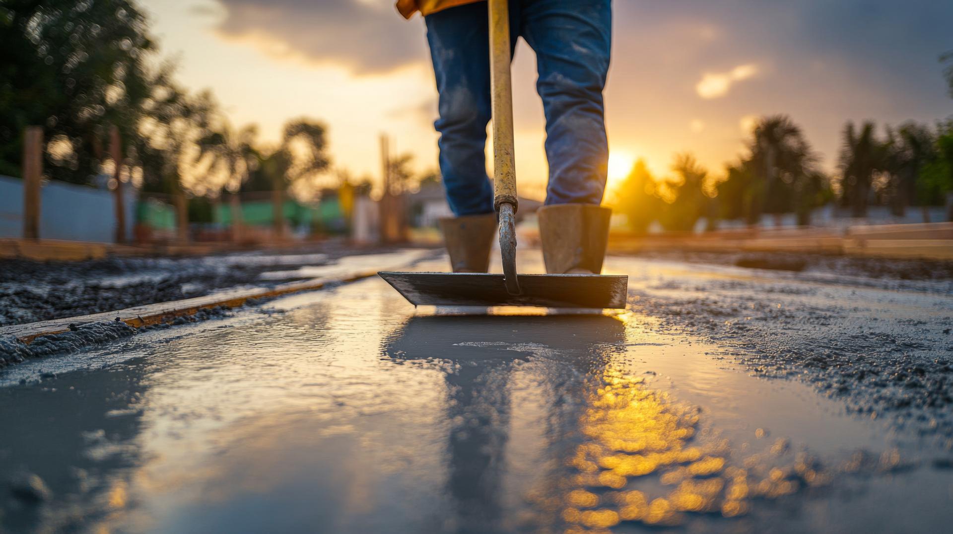 Construction Worker Leveling Fresh Concrete with a Trowel at Sunset