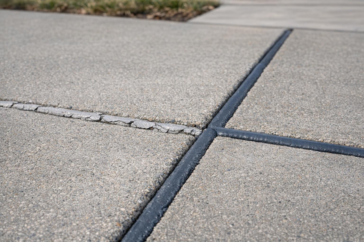 Close-up stock photo of concrete driveway joints in Denver showing cracked and well-sealed caulk under natural daylight, focusing on outdoor caulk wear and repair details.